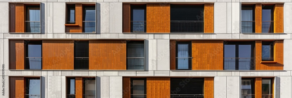 Modern Apartment Building Facade with Wood and Concrete Modern Apartment Building Facade with Wood and Concrete