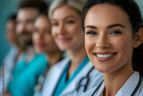 Smiling Female Doctor Leading a Team of Healthcare Professionals in a Hospital Setting