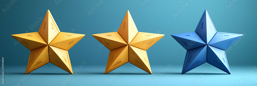 Two Gold & One Blue Star, Abstract 3D Geometric Shapes on Blue Background Two Gold & One Blue Star, Abstract 3D Geometric Shapes on Blue Background