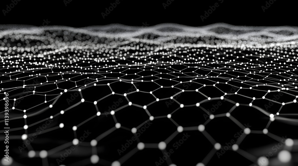 Fototapeta premium Network connection concept black background vector illustration. Futuristic hexagon perspective wide angle lanscape. Futuristic honeycomb concept. 3d landscape. Big data digital background