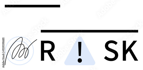 Signature near letter R, triangle with exclamation mark between R and S, and black horizontal lines. Ideal for business, finance, insurance, safety, compliance risk management documentation. Line