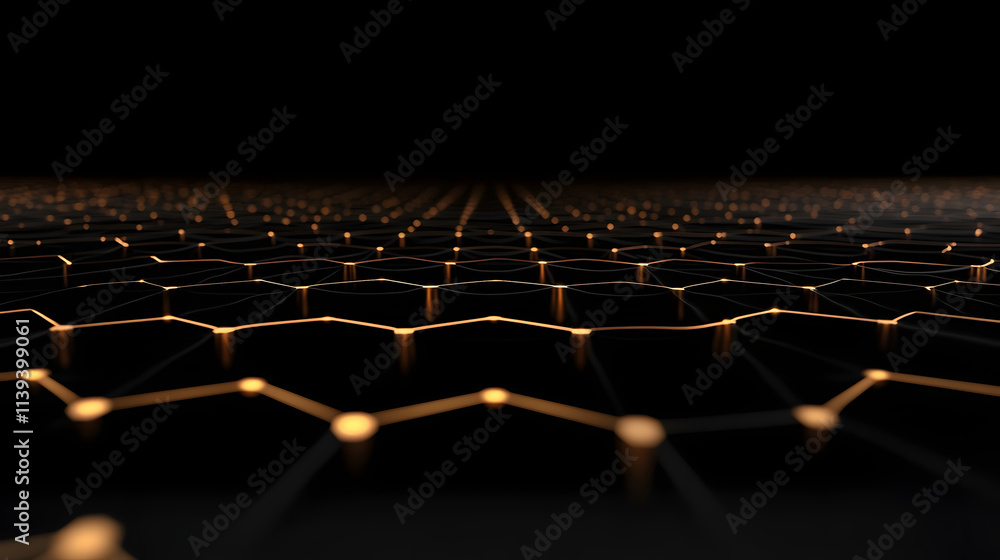 Obraz premium Network connection concept black background vector illustration. Futuristic hexagon perspective wide angle lanscape. Futuristic honeycomb concept. 3d landscape. Big data digital background