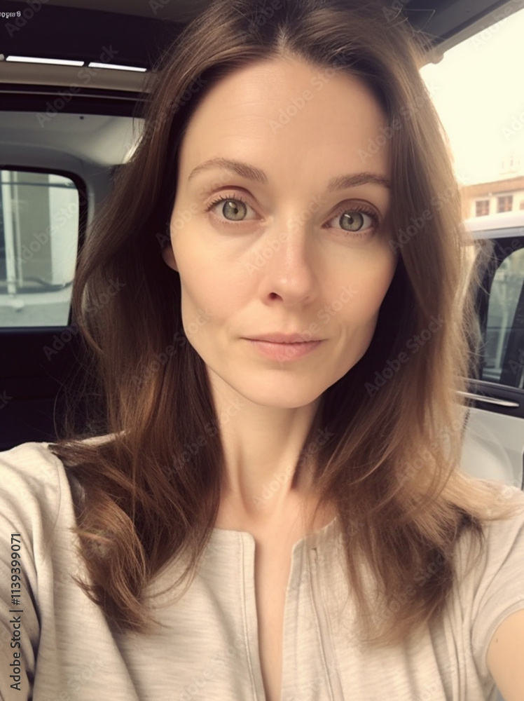 a 40-year-old woman with shoulder-length brown hair and wearing a beige dress. a 40-year-old woman with shoulder-length brown hair and wearing a beige dress.