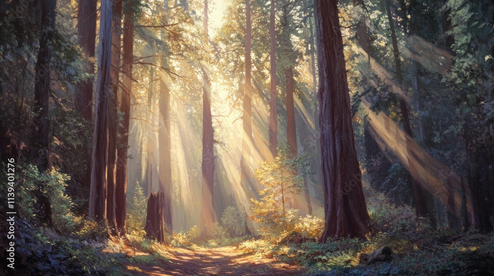 Fototapeta premium Sunlight Filtering Through Tall Trees in a Redwood Forest