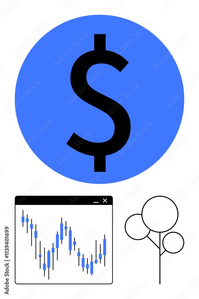 Fototapeta premium Dollar symbol in blue circle above stock market candlestick chart next to minimal tree icon. Ideal for investment, finance, economic growth, wealth management, trading, market analysis
