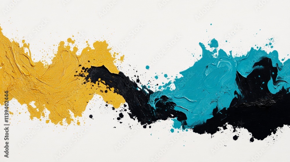 Fototapeta premium Dynamic interplay of black and yellow paint in an abstract painting, creating a visually striking modern art piece.