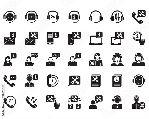Customer service and support icon set. Containing icons of help, technical, assistance, assistant, agent, hot line, contact, call, staff, operator, mail, manual book. Vector stock in flat solid design