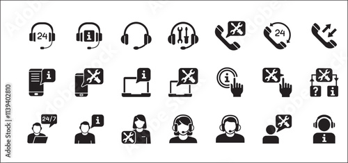 Customer service and support icon set. Containing icons of help, technical, assistance, assistant, agent, hot line, contact, call, staff, operator, mail, manual book. Vector stock in flat solid design