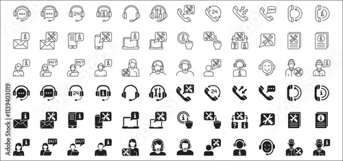 Customer service and support icon set. Containing icons of help, technical, assistance, assistant, agent, hot line, contact, call, staff, operator, mail, manual book. Vector stock in flat solid design