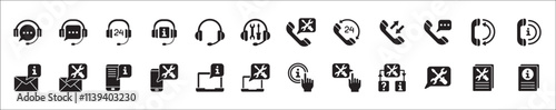 Customer service and support icon set. Containing icons of help, technical, assistance, assistant, agent, hot line, contact, call, staff, operator, mail, manual book. Vector stock in flat solid design