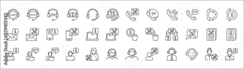 Customer service and support icon set. Containing icons of help, technical, assistance, assistant, agent, hot line, contact, call, staff, operator, mail, manual book. Vector stock in thin line design