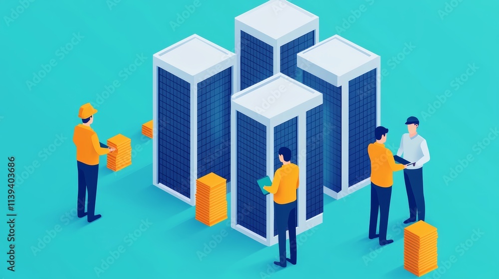 Vibrant blue sky above, people gather near an imposing architectural marvel in the city's bustling core Vibrant blue sky above, people gather near an imposing architectural marvel in the city's bustling core
