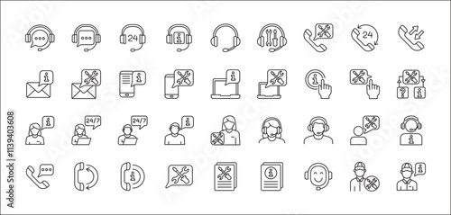 Customer service and support icon set. Containing icons of help, technical, assistance, assistant, agent, hot line, contact, call, staff, operator, mail, manual book. Vector stock in thin line design