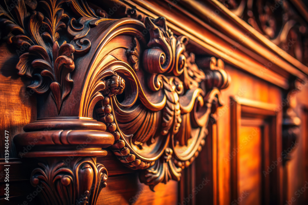 Intricate wooden carvings showcase rich details and craftsmanship, highlighting beauty of ornate design. This eye level shot captures elegance of sculpted object Intricate wooden carvings showcase rich details and craftsmanship, highlighting beauty of ornate design. This eye level shot captures elegance of sculpted object
