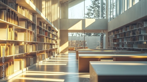 Modern library or bookstore interior with Learning and coworking space,relax zone,Library with rows of bookshelves arranged,school,university,shared desk and chairs,panoramic window.