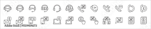 Customer service and support icon set. Containing icons of help, technical, assistance, assistant, agent, hot line, contact, call, staff, operator, mail, manual book. Vector stock in thin line design