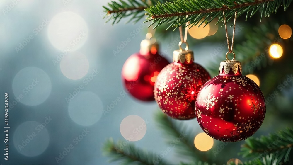 Christmas and New years eve Background. Beautiful Wide Angle Holiday Template with Christmas red ball on fir tree and highlights. Panoramic classic header Web banner with copy space for design Christmas and New years eve Background. Beautiful Wide Angle Holiday Template with Christmas red ball on fir tree and highlights. Panoramic classic header Web banner with copy space for design