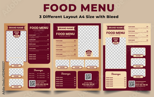 Food And Restaurant Menu Template. 3 Different Layouts A4 Flyer Vector Design. Food And Drink Marketing Material, Ads, Cover Design.