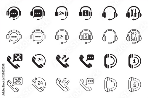 Customer service and support icon set. Containing icons of help, technical, assistance, assistant, agent, hot line, contact, call, staff, operator, mail, manual book. Vector stock in flat solid design