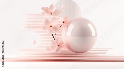 Delicate pink flowers adorn a single white egg on pristine white background, still life composition