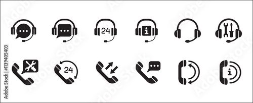Customer service and support icon set. Containing icons of help, technical, assistance, assistant, agent, hot line, contact, call, staff, operator, mail, manual book. Vector stock in flat solid design