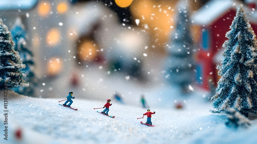 Miniature Skiers Enjoying Snowy Winter Wonderland Scene Miniature Skiers Enjoying Snowy Winter Wonderland Scene