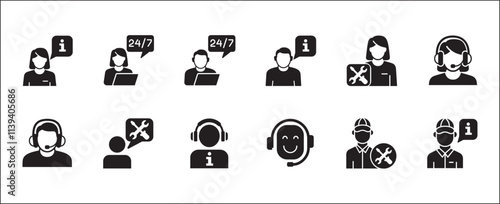 Customer service and support icon set. Containing icons of help, technical, assistance, assistant, agent, hot line, contact, call, staff, operator, mail, manual book. Vector stock in flat solid design