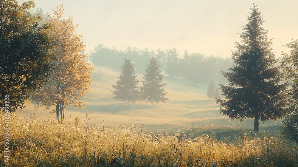 A Serene Landscape Featuring Tall Trees and Soft Green Grass A Serene Landscape Featuring Tall Trees and Soft Green Grass