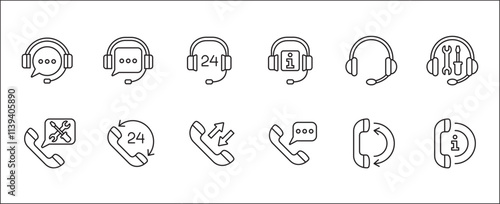 Customer service and support icon set. Containing icons of help, technical, assistance, assistant, agent, hot line, contact, call, staff, operator, mail, manual book. Vector stock in thin line design