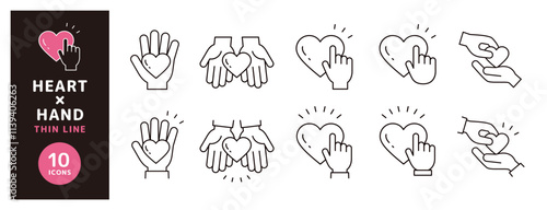 愛や心を表す手とハートのアイコンセット＿細い線