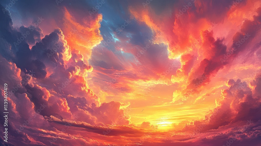 Fototapeta premium A Vivid Sunset Sky with Clouds and Birds in Flight