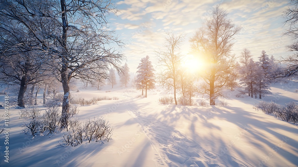 A Snowy Landscape with Trees and a Bright Sun in the Sky A Snowy Landscape with Trees and a Bright Sun in the Sky