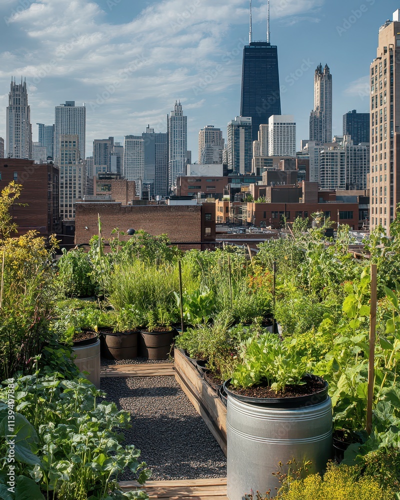 Fototapeta premium Urban Rooftop Oasis Flourishing Green Garden Amidst the Chicago Skyline