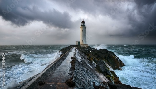 Lighthouse In Stormy Landscape - Lighthouse On The Voast At Night  photo