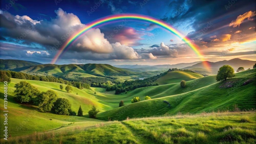 Obraz premium Scenic Rainbow Landscape Over Hills in Rural Peaceful Area - Minimalist Photography, Nature Serenity, Colorful Sky, Tranquil Environment, Rolling Hills, Vibrant Colors, Natural Beauty