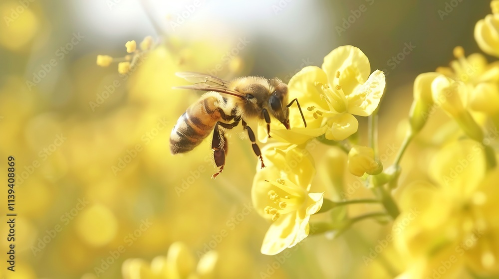 Honeybee on Yellow Flower in Sunlight Honeybee on Yellow Flower in Sunlight