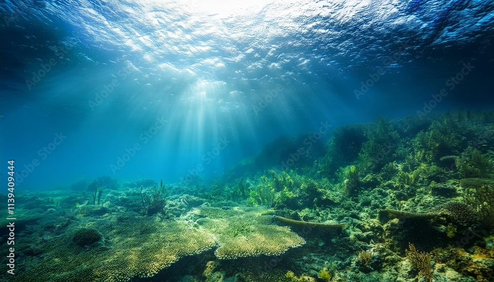 Fototapeta premium Tranquil underwater scene with sunlight rays piercing the deep blue ocean