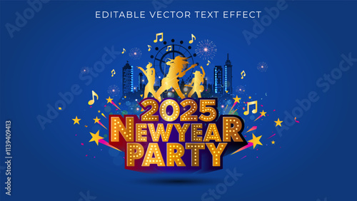 Happy New year 2025 rockstar with welcome fest, party, music concert, music notes, logo, fun, dance and celebration event background.