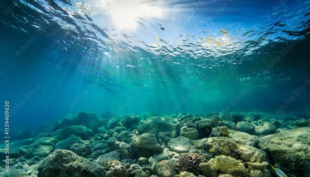 Naklejka premium Tranquil underwater scene with sunlight rays piercing the deep blue ocean