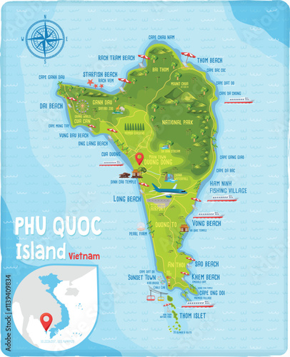 Phu Quoc island map. Phu Quoc tourist map. Travel guide vietnam. 