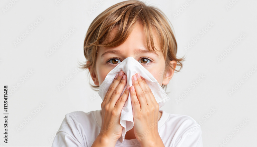 Child sneezing into tissue with playful expression, white backdrop Child sneezing into tissue with playful expression, white backdrop