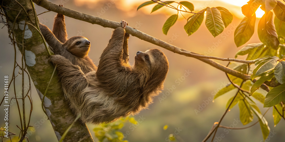 Sloths Relaxing on a Mossy Branch in Evening Glow Sloths Relaxing on a Mossy Branch in Evening Glow