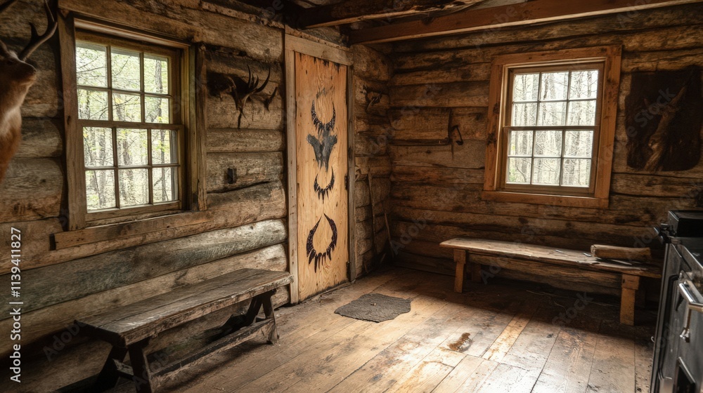 Rustic Log Cabin Interior With Wooden Benches And Wildlife Mounts Rustic Log Cabin Interior With Wooden Benches And Wildlife Mounts