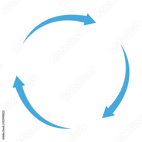 Three arrows circle clockwise cycle. Recycle, repeat, refresh. Flat vector illustration isolated on white background.