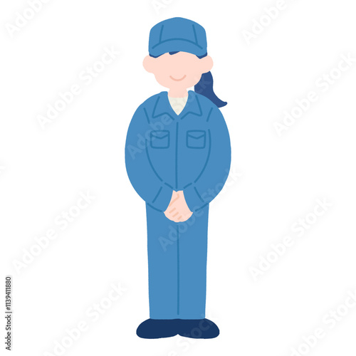 正面で手を組んで立つ作業服を着た女性のフラットなイラスト
