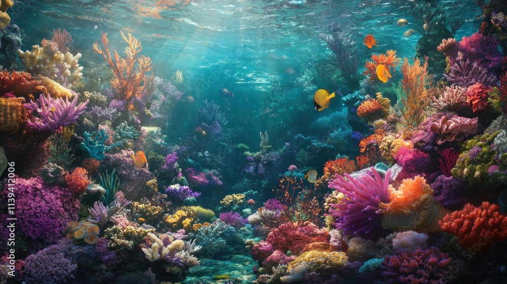 Fototapeta premium Vibrant Underwater Coral Reef Ecosystem with Colorful Fish