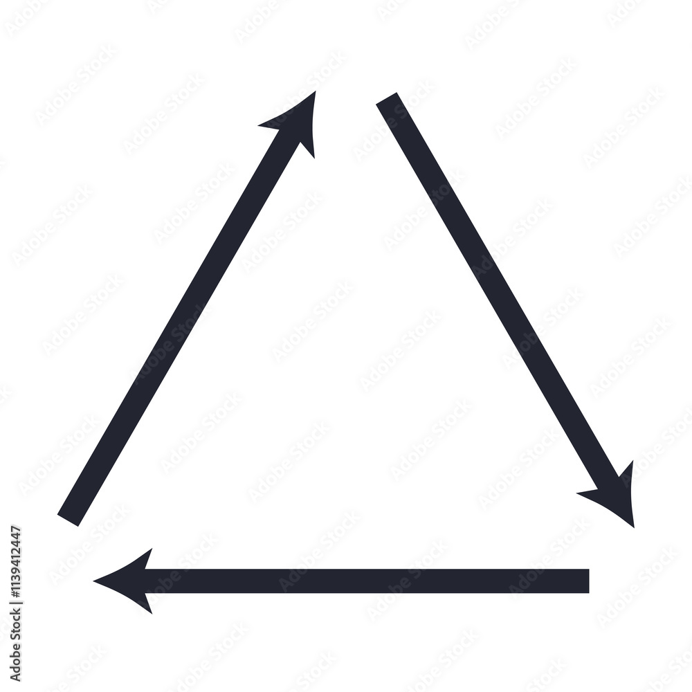 Three arrows triangle clockwise cycle. Recycle, repeat, refresh. Flat vector illustration isolated on white background. Three arrows triangle clockwise cycle. Recycle, repeat, refresh. Flat vector illustration isolated on white background.