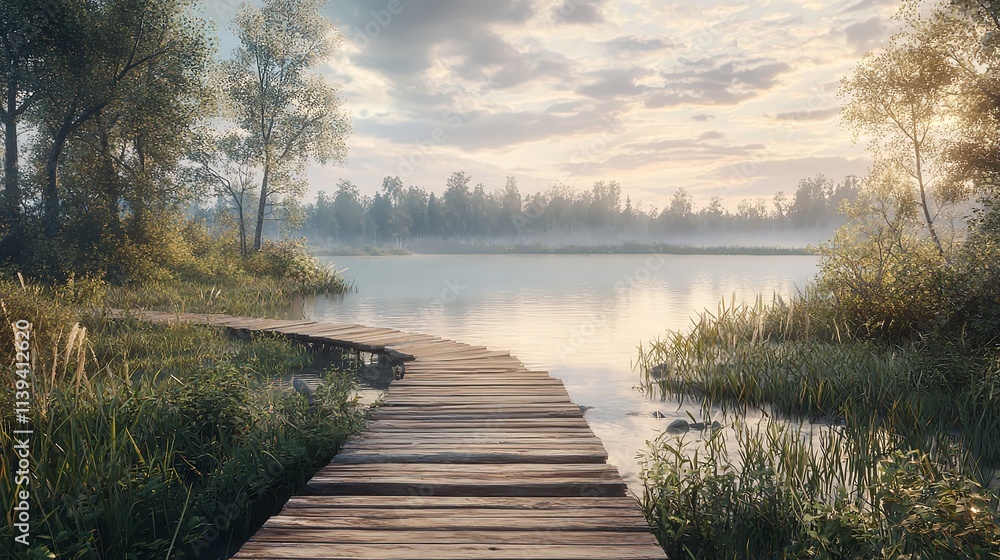 Fototapeta premium A Wooden Path to a Calm Lake Landscape Nature Photo