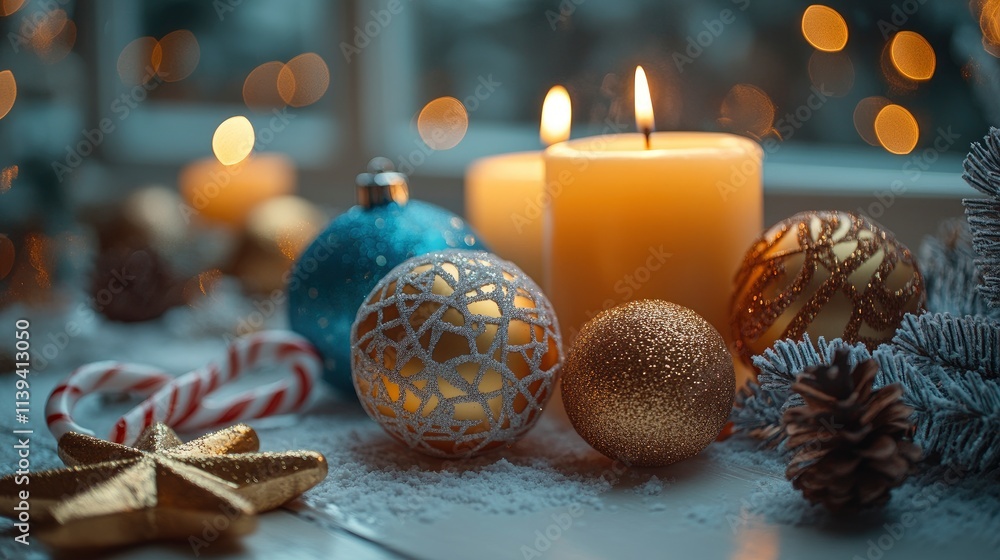 A playful arrangement of a dreidel surrounded by candy canes and golden holiday ornaments, presented on a polished white surface with an illuminated background offering ample space for copy. A playful arrangement of a dreidel surrounded by candy canes and golden holiday ornaments, presented on a polished white surface with an illuminated background offering ample space for copy.