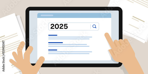 New keywords trend in 2025 prediction of trending topics for search engine optimization in new year hand search on tablet screen